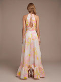Halter Deep V Maxi Dress for Women Tie back Backless Asymmetrical Ruffle Floral Print Ruched Waist Split for Beach Vacation