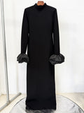 High Quality Women Petal Sleeves Slim Maxi Dress Black Rhinestone Long Sleeves Vestido Elegant Evening Club Party Outfit