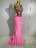 Luxury Birthday Evening Party Set Sparkly Rhinestone Pink Sexy Sleeveless Long Dress Two Pieces Nightclub Party Club Stage Wear