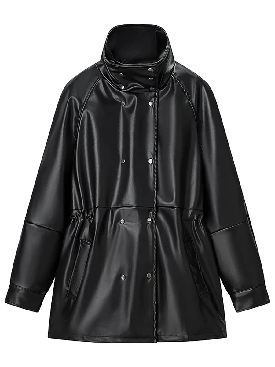 Black Slimming Leather Jacket for Women Lapel Long Sleeve Patchwork Double Breasted Fashionable Coat Female Autumn