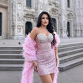 Women's Stylish Shawl Super Shiny Rhinestone Sequin Embroidered Pink Tube Top Dress Luxury Haute Couture Fashion Hot Party Gown