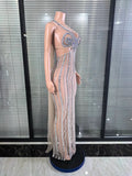 Shinning Sequins Women Sexy Halter Backless Mesh See Through Bodycon Long Dress Celebrate Nightclub Party Birthday Outfit