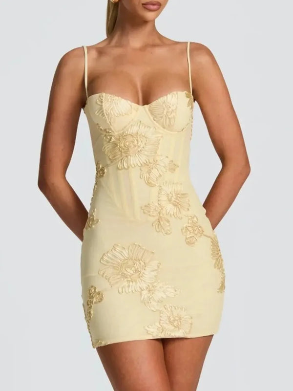 Hot Girl Spaghetti Strap Mini Dresses for Women Square Collar Sleeveless Fish Bone Tunic 3D Decoration Dress Female