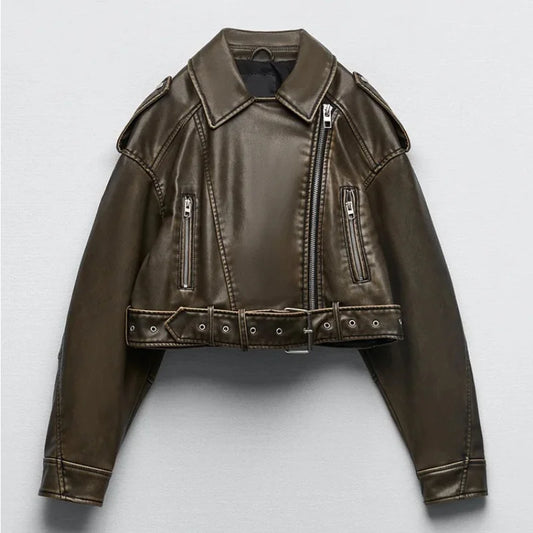 Vintage Loose Pu Faux Leather Short Jacket with Belt Streetwear Female Zipper Retro Moto Biker Coat Outwear Tops