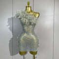 Women Sparkly Rhinestones Birthday PhotoShoot Evening Party Nightclub Stage Wear Sexy One Shoulder Mesh See Through Mini Dress