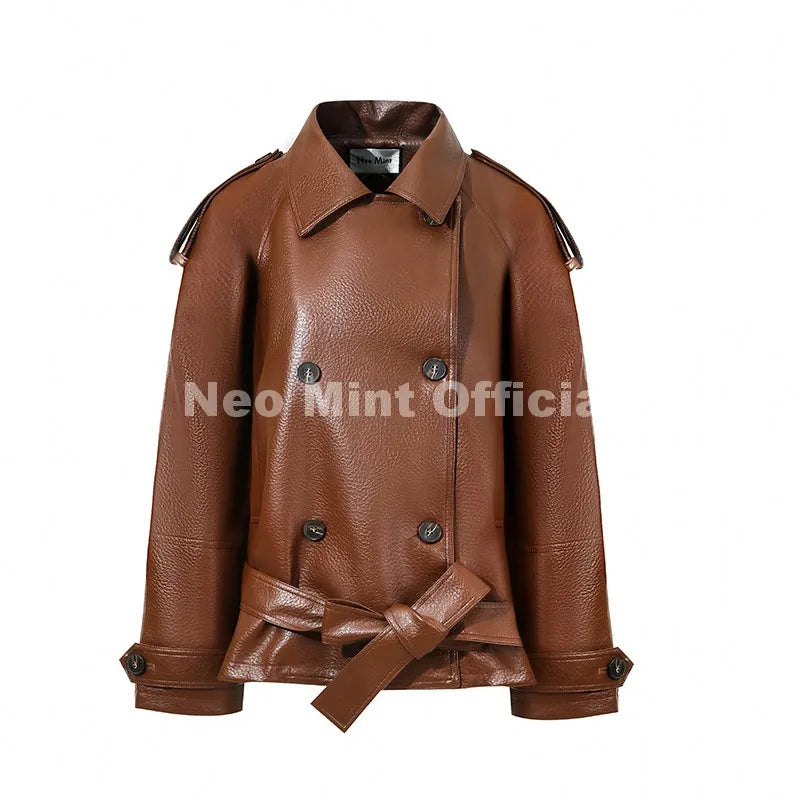 Luxury Design Brown Belted Faux Leather Jacket Woman Autumn Trench Coat Iconic Blogger Motorcycle PU Leather Outerwear