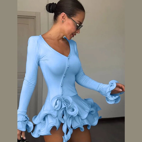 Fashion 3d Flower Women's Short Dress Slim V-neck Buttons Flare Sleeve Lace Up Party Dresses 2026 Summer Lady Solid Beach Robes