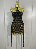 Sexy Sparkly Diamonds Black Mesh Transparent Top Dress Two Piece Set Women Evening Party Celebrate Birthday Photo Shoot Wear