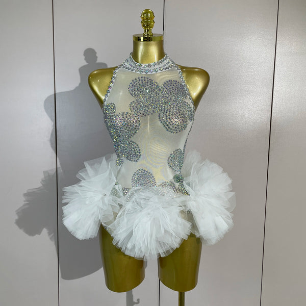 Women Sparkly Diamonds Evening Party Birthday Nightclub Dancer Stage Performance Costume Sexy Mesh See Through Bodycon Bodysuit