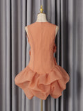 Fashion Orange 3D Floral Appliquet Mini Dress for Women Sleeveless O Neck Slim Sheer Tulle Puffed Skirt for Themed Parties