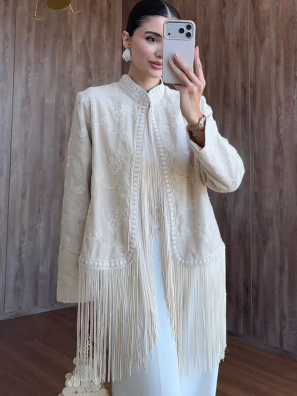 Women Chic Simple Temperament Coats Solid Tassel Splicing Design Full Sleeves Loose Fit Short Jackets Lady Daily Outwear 2026