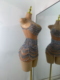Sparkly Crystals Diamonds Mesh See Through Mini Dress Luxury Women Sexy Sleeveless Perforamnce Dance Costume Night Club Wear