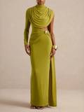 Cowl Neck Maxi Evening Dress for Women One Long Sleeve Cutout Waist Backless Cape Sleeve for Formal Party Bodycon Solid Gown