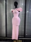 Black Pink Women Sexy Short Sleeve Shining Rhinestones Bodycon Long Bandage Dress Elegant Evening Bithday Party Cocktail Wear