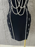 Elegant Black Bodycon Dress with Pearl Embellishments and Tulle Rose Bustier Ideal for Women Formal Event Evening Party