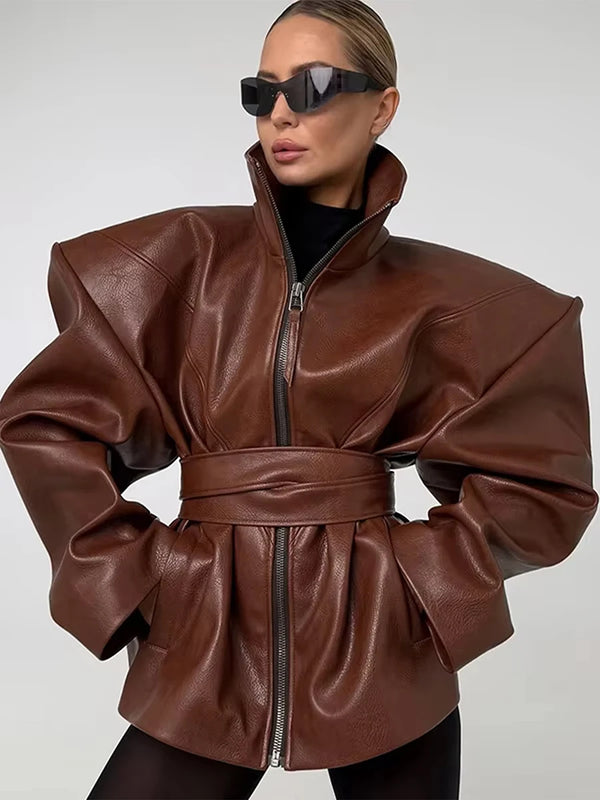 Streetwear Faux Leather Jacket for Women High Neck Zip Front Shoulder Pad Belted Waist Oversized for Autumn Outfits