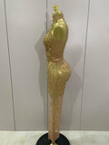 2026 Women Birthday Party Gown Stage Singer Performance Costume Luxury Sparkly Gold Rhinestone Sexy Transparent Mesh Long Dress