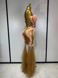 Women Sexy Strapless Flower Sheer Two Pieces Set Bodycon Nightclub Evening Party Birthday Singer Stage PerformanceOutfit