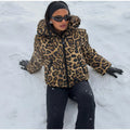 Fashion Leopard Print Ski Suit Women Stand Collar Hooded Zipper Coat Chic Slim Pants 2026 Winter Warm Casual Sport Windproof Set