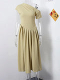 Solid Slimming Temperament Dresses for Women Diagonal Neck Short Sleeves Patchwork Ruffles Fold Dress Female New