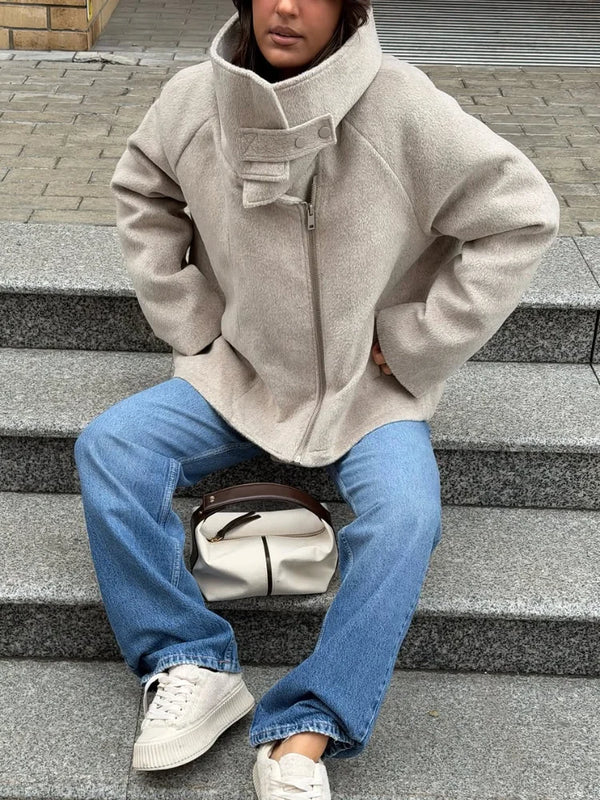 Solid-color Detachable Fur-trimmed Stand Collar Coat Loose Zipper Up Cropped Overcoat Winter Casual Women's Outfits 2026 New