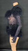 Women's Casual Summer Bodysuit Transparent Rhinestones Sexy Tight Mesh Ruffles Performance Dancer/Singer Costume for Nightclub
