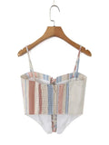 Sweet Summer Outdoor Travel Striped Corset Camisole Set for Women Thin Strap Lace Up Outfit for Seaside Vacation Casual Wear