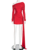 Sexy Christmas Dress Women Ruched Elegant Ribbon Irregular Full Sleeve Evening Skew Collar Skinny Peach Hip Bodycon