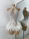 Women Sexy Halter Beading Feather Tight Bodysuit Nightclub Performance Leotard Luxury Party Celebrate Stage Wear