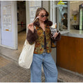 Women Retro Floral Print Tweed Jacket Fur Collar Cuff Patchwork Single Breasted Short Coat 2026 Fashion Autumn Casaul Outerwear