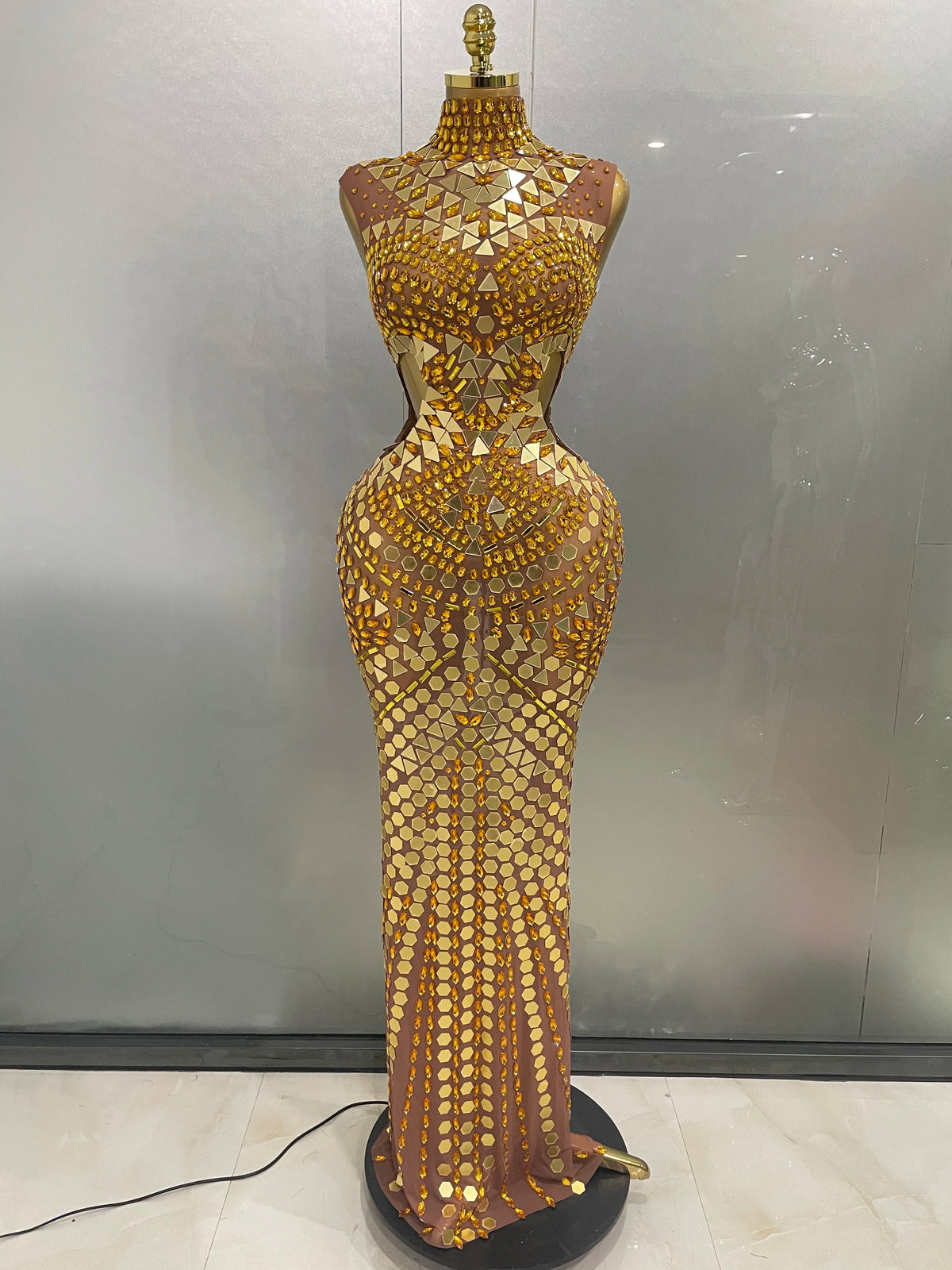 Luxury Shiny Mirror Rhinestones Hollowed-out Long Dress Women Celebrity Evening Party Catwalk Prom Stage Photo Shoot Dress