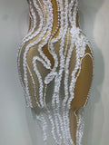 Women Luxury White Pearl Sequines Mesh Transparent Long Dress Club Elegant Evening Party Dress Birthday Photoshoot Clothing