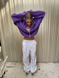 Casual Purple Fleece Jacket Womens Stand Collar Contrast Zip Loose Fit Pockets Coat Fall Winter Sporty Outdoor Streetwear Wear