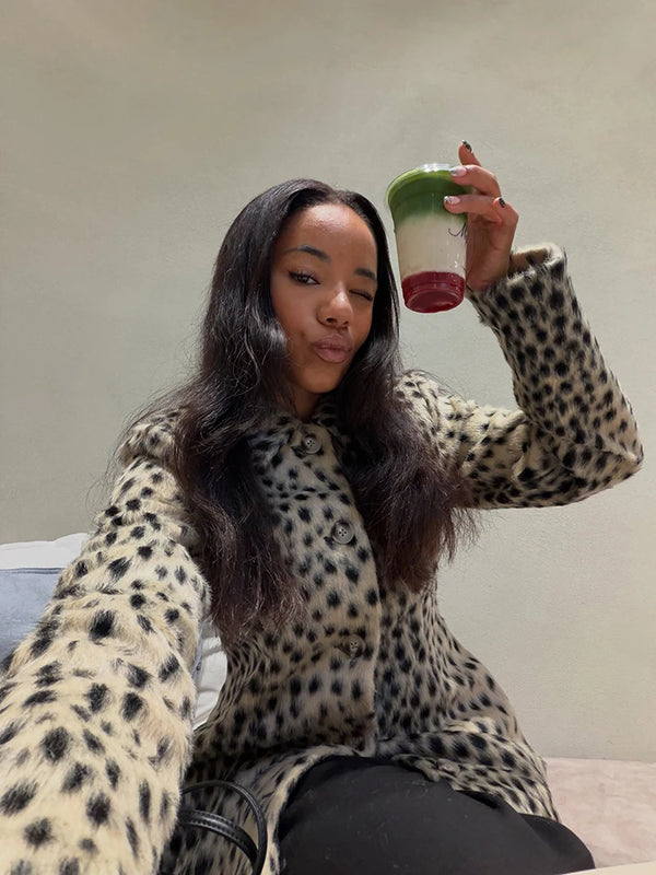 Chic Faux Fur Leopard Print Jacket Lapel Collar Single Breasted Button Front Waist Cinched Coat Women Retro Daily Street Wear