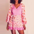 Hit Color Slimming Dresses for Women V Neck Long Sleeve High Waist Temperament Mini Dress Female Fashion