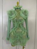 Sexy Mesh Ruffled Sparkly Rhinestones Long Sleeves See Through Mini Dress Women Eveing Party Birthday Dance Nightclub Stage Wear