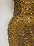 Women Sexy Sparkly Rhinestone Gold Maxi Dress Mesh See Through Evening Party Singer Stage Perform Costume Luxury Birthday Gown