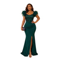 Elegant Evening Dress Sequin Feather Shoulders Mermaid Gowns for Wedding Prom Party Club Special Occasions Split Long Dress