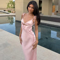 V-neck Cut Out Lace-Up Spaghetti Strap Dress For Women Summer Beach Long Dress Fashion Sexy Sleeveless Slim Gown Clothes