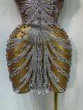 Women Sexy Strapless Rhinestones  Mini Dress Performance Costume See Through Stage Dancer Club Evening Party Birthday Dress