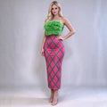 Fashion Strapless Green Feathers Bodycon Bandage Maxi Dress Off Shoulder Green Stripes  Evening Club Party Cocktail Birthday