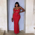 Women Summer Sleeveless V-neck Ruched Flowers Hollow Out Bodycon Long Dresses Sexy Solid Birthday Evening Party Vestidos