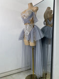 Sexy Top Skirt Mesh Designer Women's Outfit Two Pieces Backless Evening Party Birthday Dress Nightclub Stage Performance Costume