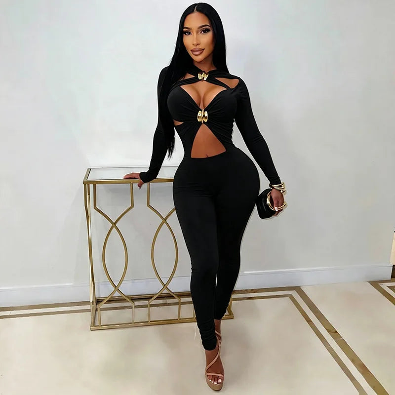 Sexy Hollow Out Jumpsuits Woman Trend Metal Buckle Decoration Full Sleeve Skinny Peach Hip Party Club Street Overalls