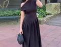 Solid Slimming Temperament Dresses for Women Diagonal Neck Short Sleeves Patchwork Ruffles Fold Dress Female New