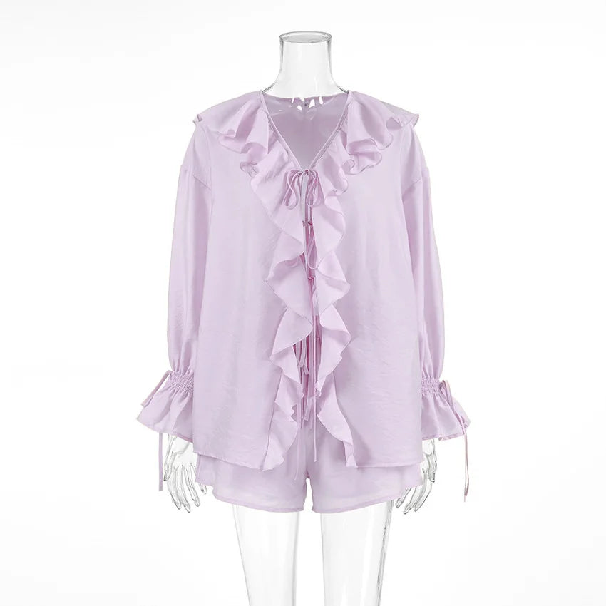 New Casual Shorts Two-piece Set Women's Ruffled Loose Tie Top Simple Shorts Set Office Lady Summer Female Shorts Set