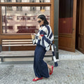 Fashion Striped Sweater Cardigan With Scarf Female Loose Thin Hollow Knitted Top Lantern Sleeve Contrast Color Retro Top