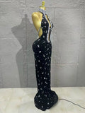 Sparkly Silver Crystal Studded Deep Cut Bodycon Satin Long Prom Gown Nightclub Dress