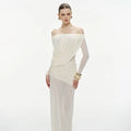 Sexy Sheer Mesh Maxi Dress for Women Slash Neck Long Sleeve High Waist Patchwork Folds Slimming Dresses Female New