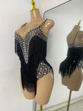 Women Sexy Sparkly Rhinestone Tassels Mesh See Through Sleeveless Bodysuit Nightclub Performance Dance Costume Singer Stage Wear